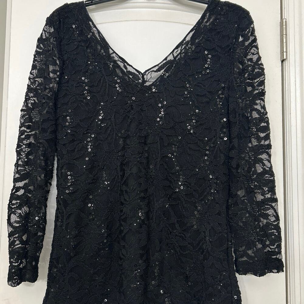 Boston Proper Black Lace Sequin V-Neck Top XL Made USA Y2K Evening Sheer Sleeves - Picture 7 of 11